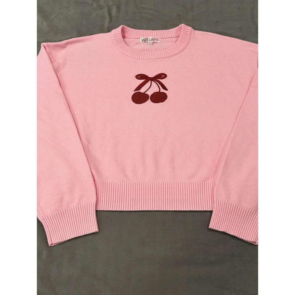 Stella Tweed Girls Pink Cherry Bow Embroidered Knit Crewneck Sweater Size 16